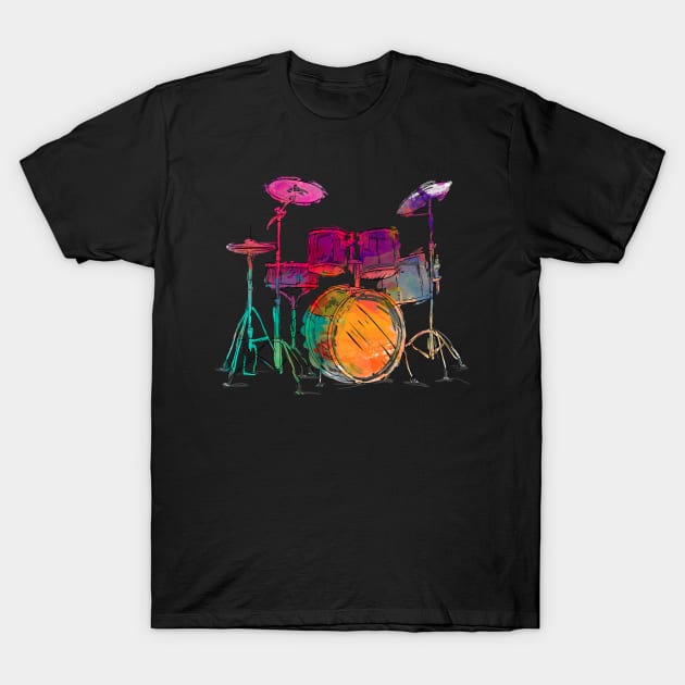 Water Color Style Drummer Drum Set  Drummer Drumsticks T-Shirt by Caskara